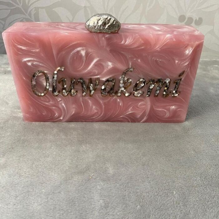 Customized Clutch with Engraved Silver Glitter Name & Silver-Tone Crumpled Metal Knob