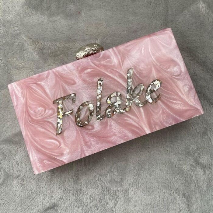 Customized Clutch with Engraved Silver Glitter Name & Silver-Tone Crumpled Metal Knob