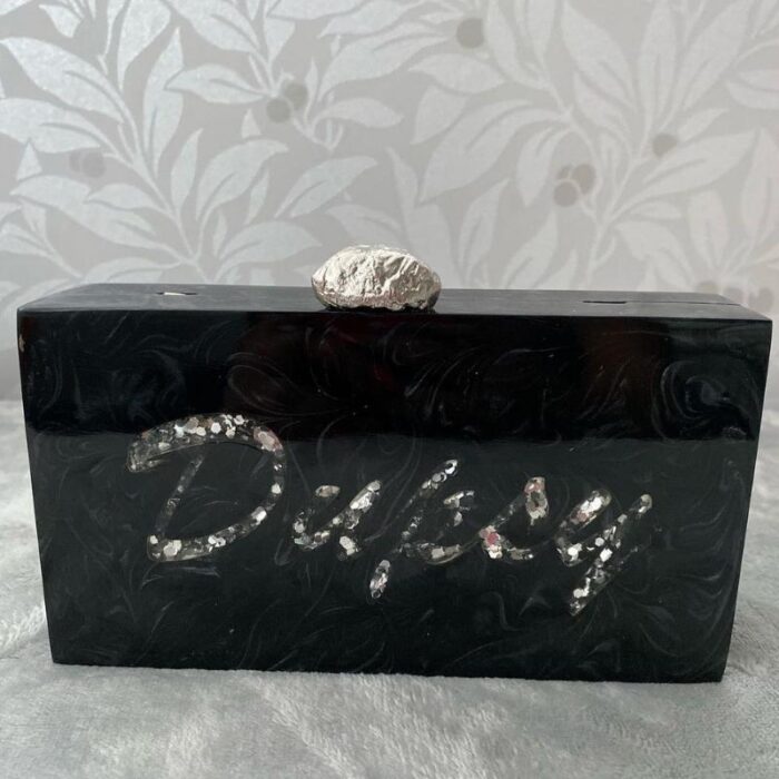 Customized Clutch with Engraved Silver Glitter Name & Silver-Tone Crumpled Metal Knob