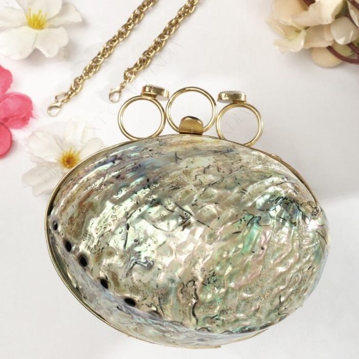 Iridescent Ocean-Inspired Mini Abalone Shell Purse with Gold Finger Ring Handle