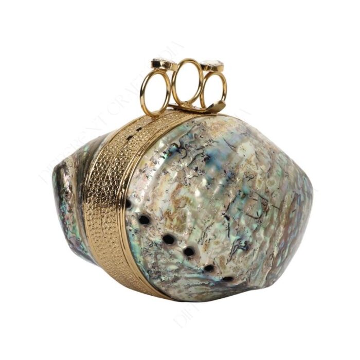 Iridescent Ocean-Inspired Mini Abalone Shell Purse with Gold Finger Ring Handle