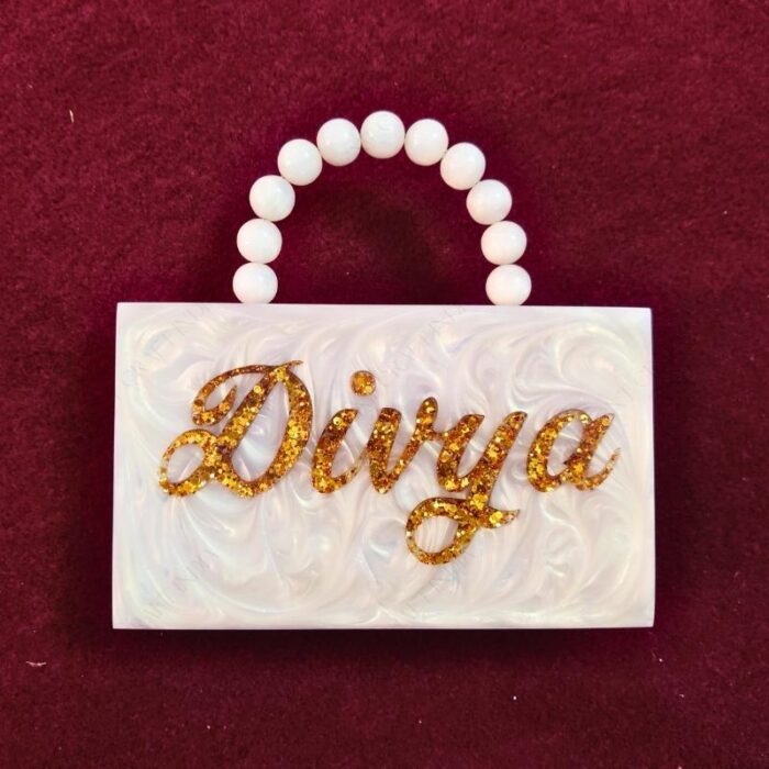 Personalized Bridal Name Clutch with Glitter-Engraved Text & Elegant Beaded Handle