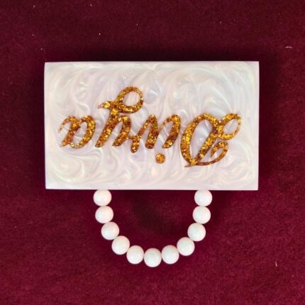 Personalized Bridal Name Clutch with Glitter-Engraved Text & Elegant Beaded Handle