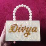 Personalized Bridal Name Clutch with Glitter-Engraved Text & Elegant Beaded Handle