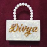 Personalized Bridal Name Clutch with Glitter-Engraved Text & Elegant Beaded Handle