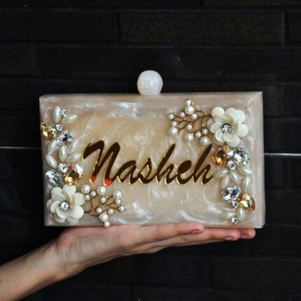 Personalized Custom Wedding Clutch with Floral Embellishments & Acrylic Lettering