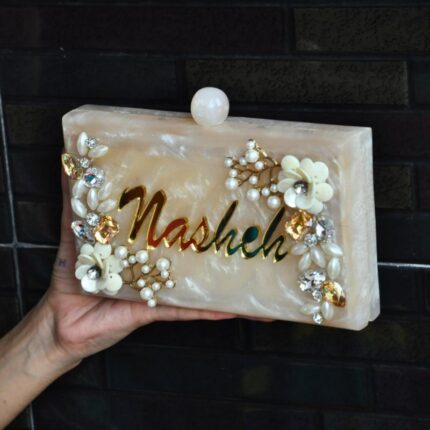 Personalized Custom Wedding Clutch with Floral Embellishments & Acrylic Lettering