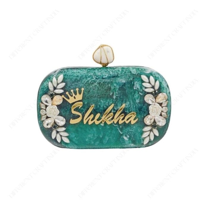 Personalized Floral Embellished Resin Name Clutch with Laser-Cut Acrylic Lettering