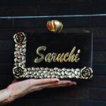 Resin Embellished Customized Clutch with Name & Decorative Gold-Tone Floral Knob