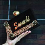 Resin Embellished Customized Clutch with Name & Decorative Gold-Tone Floral Knob