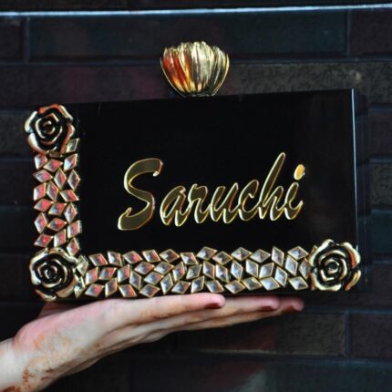 Resin Embellished Customized Clutch with Name & Decorative Gold-Tone Floral Knob