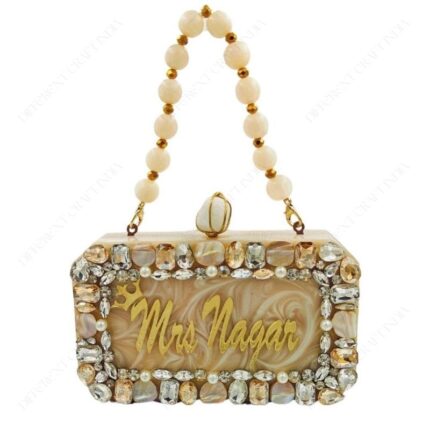 Resin Embellished Personalized Custom Mrs Clutch with Laser-Cut Acrylic Lattering