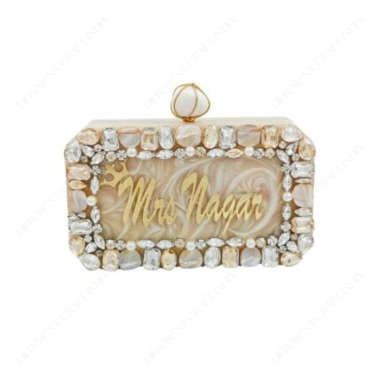 Resin Embellished Personalized Custom Mrs Clutch with Laser-Cut Acrylic Lattering