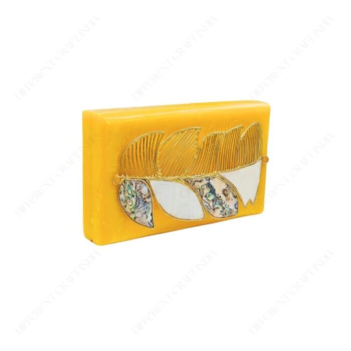 Resin Hand-Grip Metal Handle Purse – Gold Feather Handle with Mother-of-Pearl Inlay