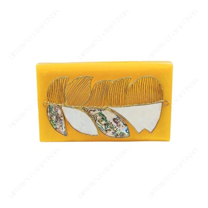 Resin Hand-Grip Metal Handle Purse – Gold Feather Handle with Mother-of-Pearl Inlay