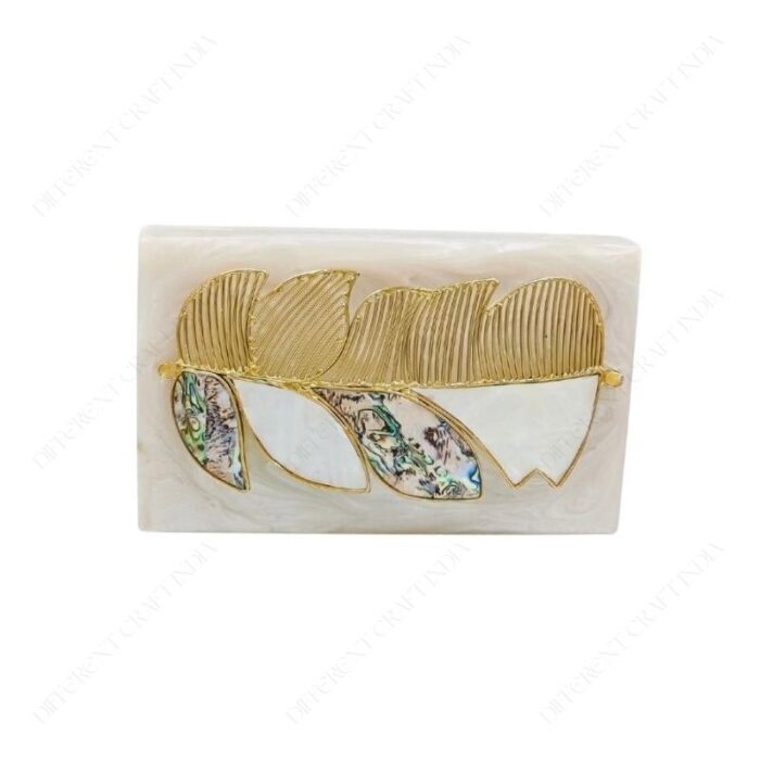 Resin Hand-Grip Metal Handle Purse – Gold Feather Handle with Mother-of-Pearl Inlay