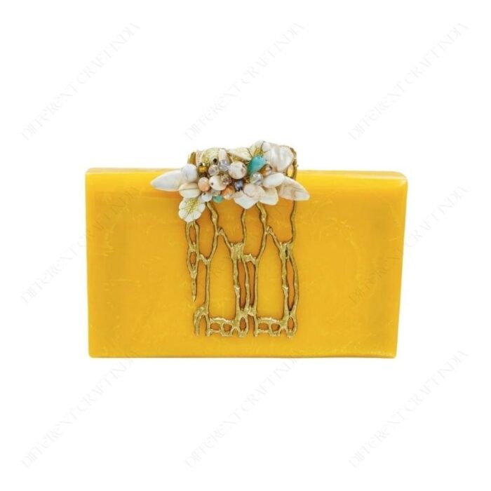 Resin Metal Embellished Clutch Purse - Twig-Like Design Adorned with Hand-Placed Gemstones