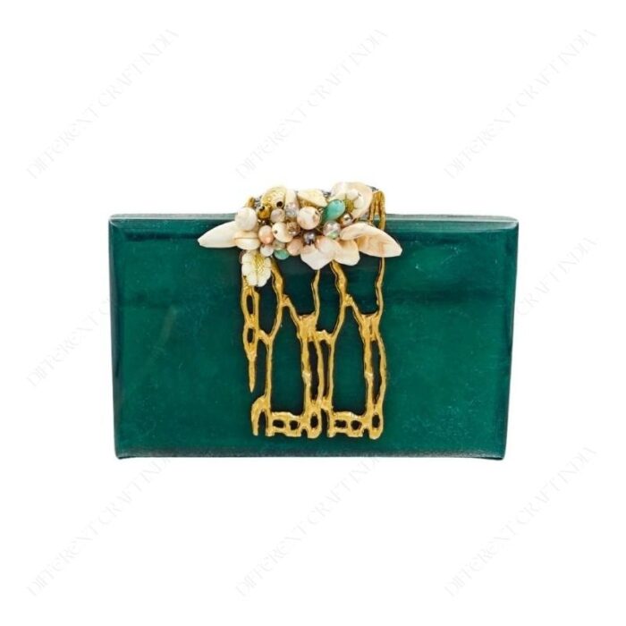 Resin Metal Embellished Clutch Purse - Twig-Like Design Adorned with Hand-Placed Gemstones