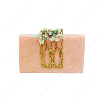 Resin Metal Embellished Clutch Purse - Twig-Like Design Adorned with Hand-Placed Gemstones