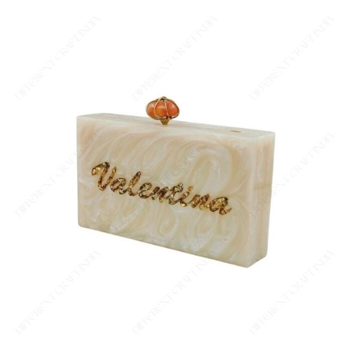 Resin Personalised Handbag with Gold Glitter-Inlaid Name & Decorative Stone Knob