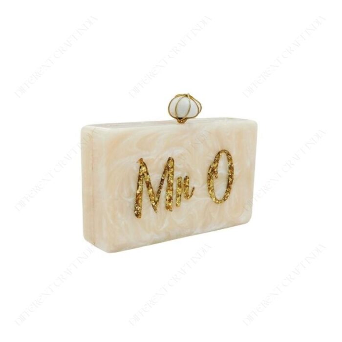 Resin Personalised Handbag with Gold Glitter-Inlaid Name & Decorative Stone Knob