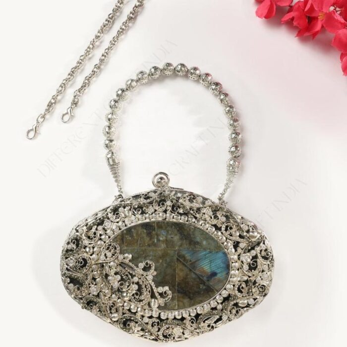 Vintage-Inspired Labradorite Gemstone Bridal Clutch with Ornate Silver Floral Filigree