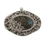 Vintage-Inspired Labradorite Gemstone Bridal Clutch with Ornate Silver Floral Filigree