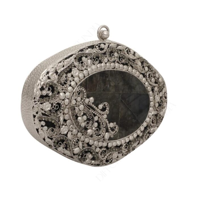 Vintage-Inspired Labradorite Gemstone Bridal Clutch with Ornate Silver Floral Filigree