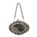 Vintage-Inspired Labradorite Gemstone Bridal Clutch with Ornate Silver Floral Filigree