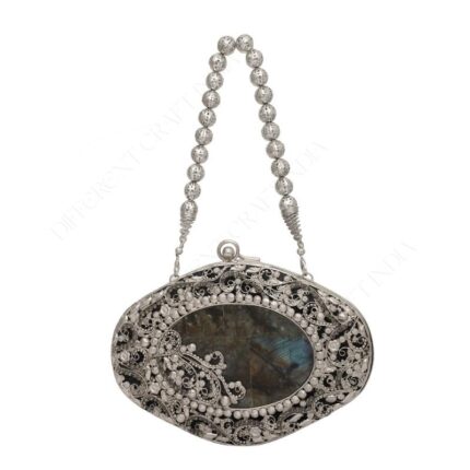 Vintage-Inspired Labradorite Gemstone Bridal Clutch with Ornate Silver Floral Filigree