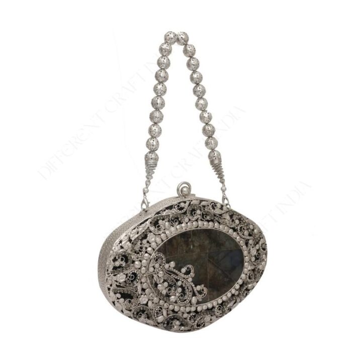 Vintage-Inspired Labradorite Gemstone Bridal Clutch with Ornate Silver Floral Filigree