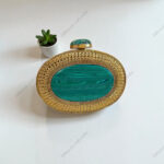Handcrafted Oval Malachite Gemstone Embellished Clutch with Textured Gold-Tone Brass Accents