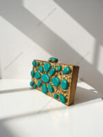Natural Turquoise Gemstone Luxury Clutch Bag with a Textured Gold-Tone Brass Frame - Image 2