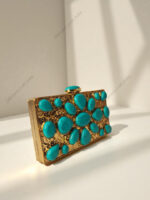 Natural Turquoise Gemstone Luxury Clutch Bag with a Textured Gold-Tone Brass Frame - Image 3