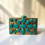Natural Turquoise Gemstone Luxury Clutch Bag with a Textured Gold-Tone Brass Frame