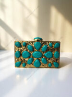 Natural Turquoise Gemstone Luxury Clutch Bag with a Textured Gold-Tone Brass Frame