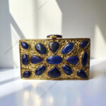 Natural Lapis Lazuli Gemstone Party Clutch Handbag with a Gold-Tone Textured Frame