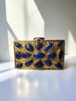 Natural Lapis Lazuli Gemstone Party Clutch Handbag with a Gold-Tone Textured Frame
