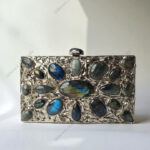 Natural Labradorite Gemstone Evening Clutch Purse with Stones on a Silver-Tone Frame