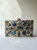 Natural Labradorite Gemstone Evening Clutch Purse with Stones on a Silver-Tone Frame