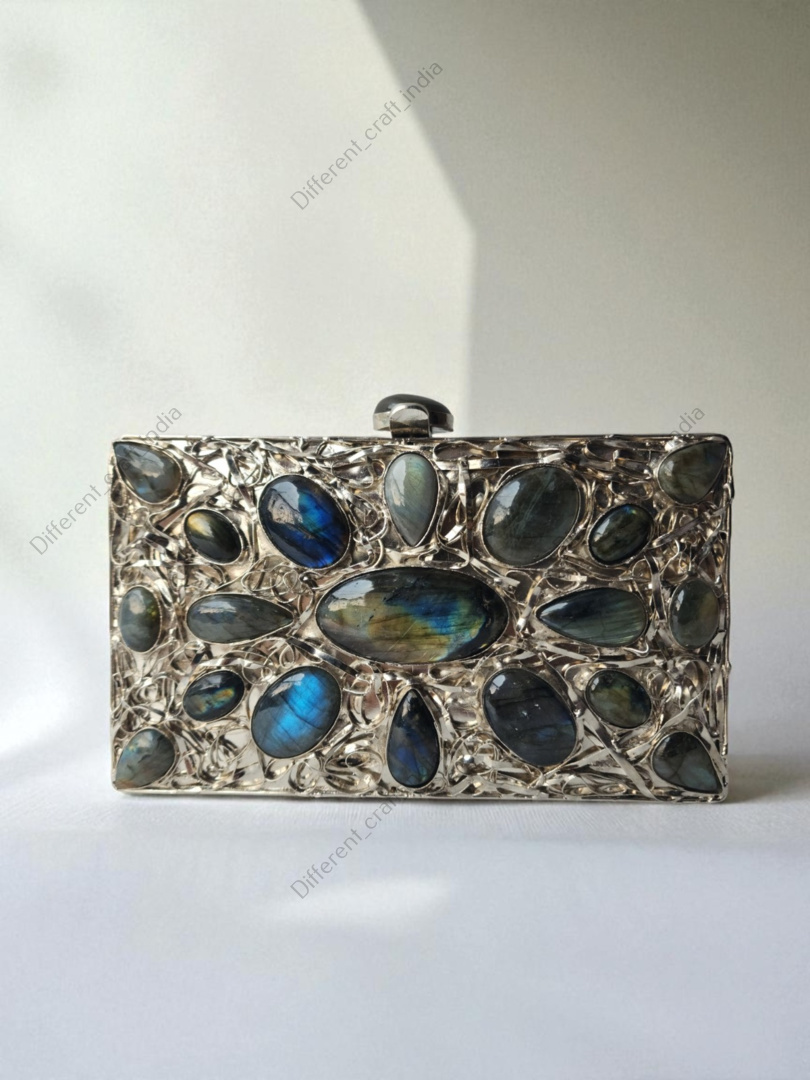 Natural Labradorite Gemstone Evening Clutch Purse with Stones on a Silver-Tone Frame Natural Labradorite Gemstone Evening Clutch Purse with Stones on a Silver-Tone Frame - Image 1